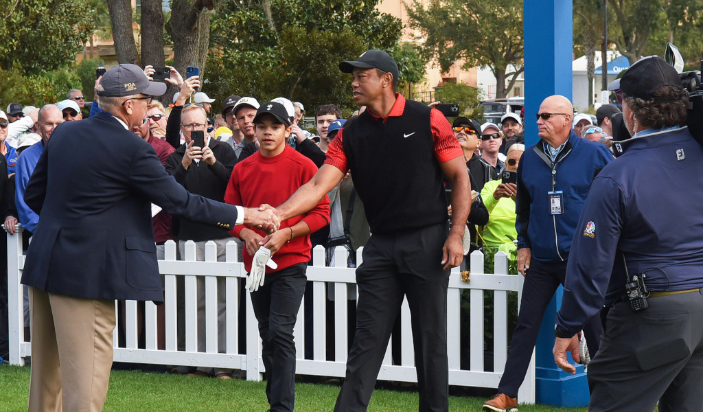 WATCH: The well-known Woods fist pump is again in motion as Charlie mimicks his dad